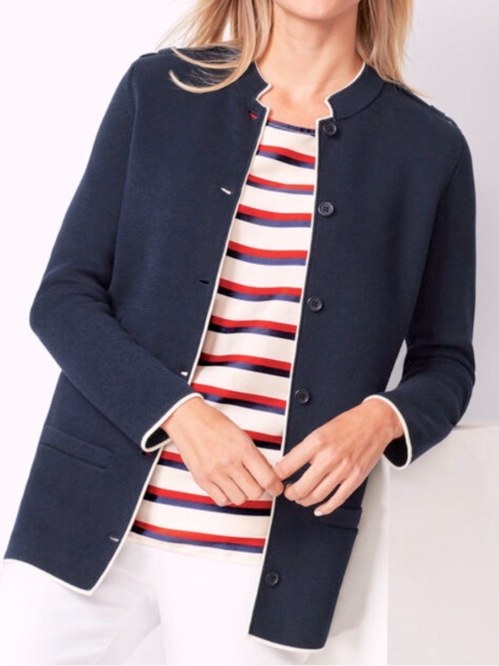 Talbots Military Inspired Sweater Jacket Navy White Trim Plus Size 3X Petite